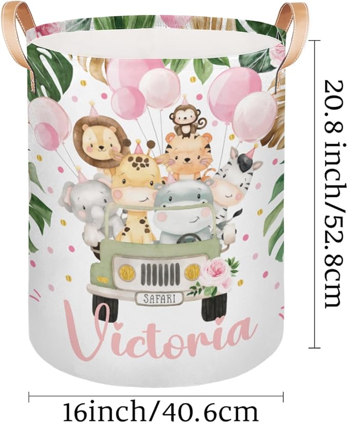 Personalized Laundry Basket, Custom Gift Laundry Hamper, Collapsible Nursery Waterproof Laundry Baskets, Dirty Clothes Toy Hamper with Handles Jungle Safari Animals