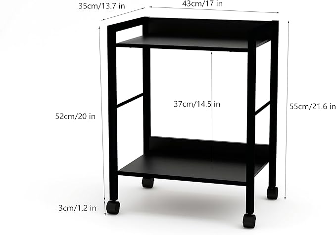 2-Tier Rolling Utility Cart with Rustic Black Shelves and Black Metal Frame, Industrial Mobile Storage Trolley on Wheels for Kitchen, Office, Bathroom, Living Room