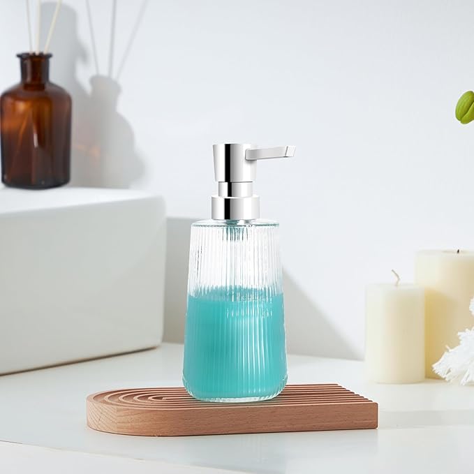Glass Soap Dispenser for Bathroom, 250ml/8.5oz Dish Soap Dispenser with Pump for Kitchen, Modern Minimalist Stripe Style Hand Soap Dispenser, Small Refillable Soap Dispenser (Clear 1pc)