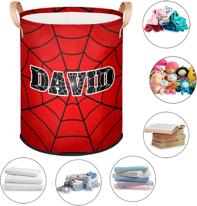Spider Wed Personalized-Laundry-Hamper-Basket for Kids Custom Name Collapsible Storage Organizer Bin Dirty Clothes Toys Hamper for Boys Nursery in Laundry, Bedroom, Bathroom Gray