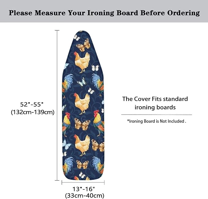 GLENLCWE Rooster Butterfly Ironing Board Cover Full Size with Elastic Edge and Hook and Loop,Standard Size 54x15 inches Iron Board Cover Easy Install