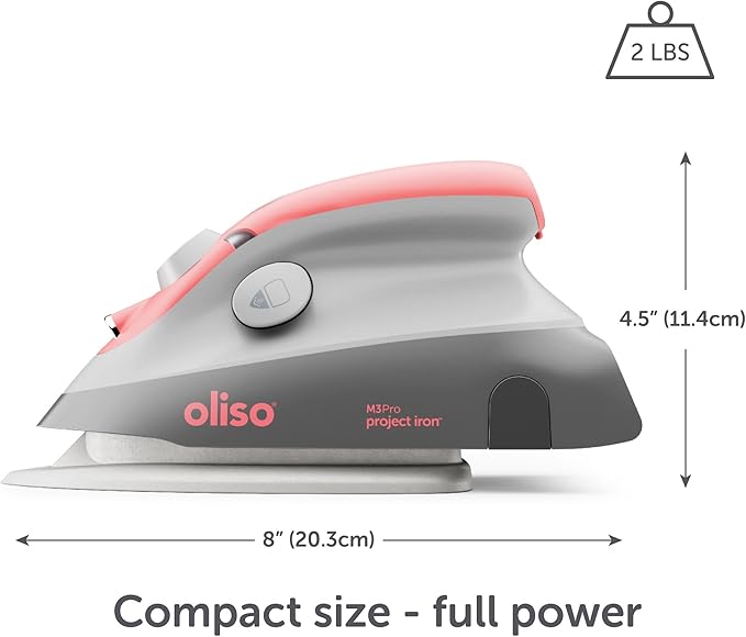 oliso M3Pro Project Steam Iron with Solemate – 1000W Ceramic Soleplate Iron and LED Light for Sewing, Quilting, Crafting, and Travel – Coral