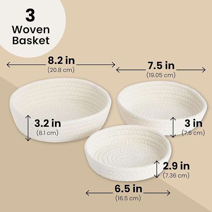 Juvale Small Round Cotton Rope Storage Baskets - Nesting Storage Bin Pack - Cotton Woven Basket for Home Organizing - White, Pack of 3, 6.5 x 2.9 in/7.5 x 3 in/8.2 x 3.2 in