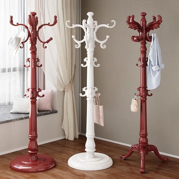 CraftThink Pine Coat Rack, Free Standing Tree Hanger Coat Tree for Clothes, Hats, Bags, Purses, with Double Prong Hooks, for Entryway, Hallway, Bedroom (Tripod Base 16" L x 16" W x 63" H, Red