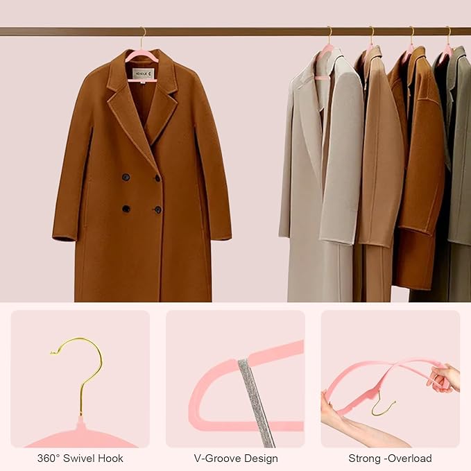 36 Packs Velvet Clothes Hangers, 17.3 Inches Non-Slip Skirt Hangers, Sturdy Dresses Hangers with Shoulder Notches, Space Saving Clothing Hangers for Adults Pink - Gold Hook