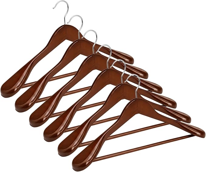 Premium Wooden Suit Hangers for Men Women, 6 Pack Wide Shoulder Wooden Hangers with Non Slip Pants Bar for Suits, Coats, Jackets, Dress, Heavy Duty Wide Clothes Hanger, Walnut