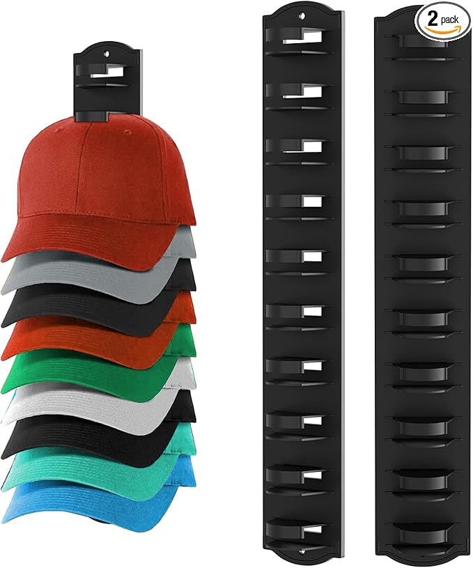 Hat Rack for Baseball Caps on the Wall, Adhesive Hat Storage Organizer, Ball Cap Hooks Display, Vertical Hat Hanger Holder for Door and Closet, Hold Up to 20 Hats, Black, 2 Pack