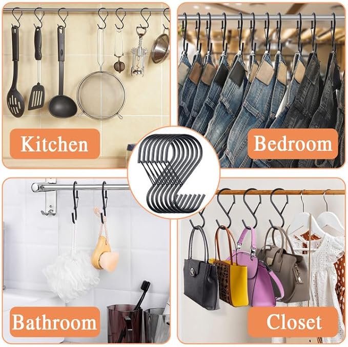 4 Inch 16 Pack Large S Hooks for Hanging with Safety Buckle,Heavy DutyS Hooks for Hanging Plants, Metal Black S Hooks, Closet Hooks for Bird Feeders, Jeans, Clothes, Pots, Pans, Towels, Kitchen, Bags