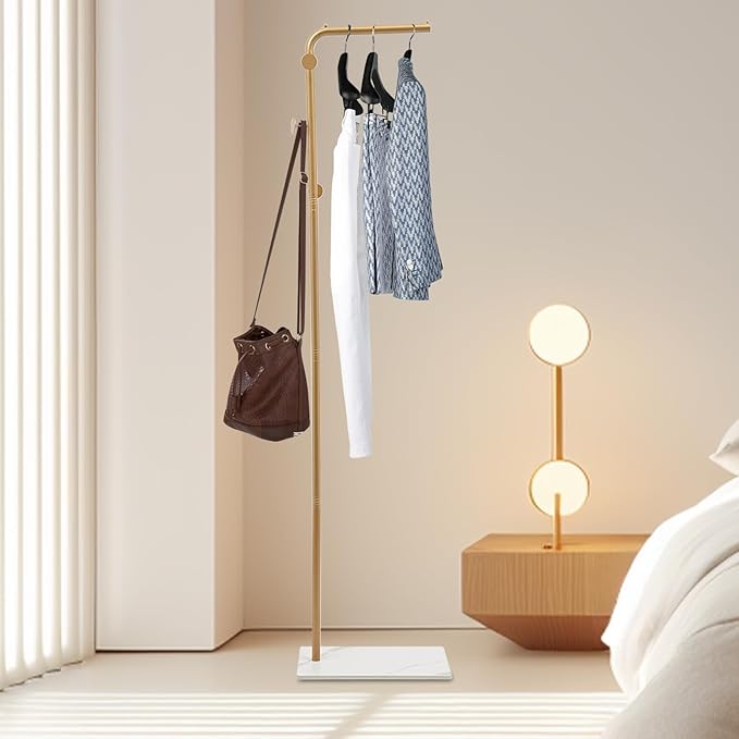 67in-Gold Clothing Rack with Storage Base and Hooks, Freestanding Coat Rack Hanging Clothes, Bags, Hat and Shoes for Entryway Bedroom Garment Organizer Clothing Stores Boutique Retail