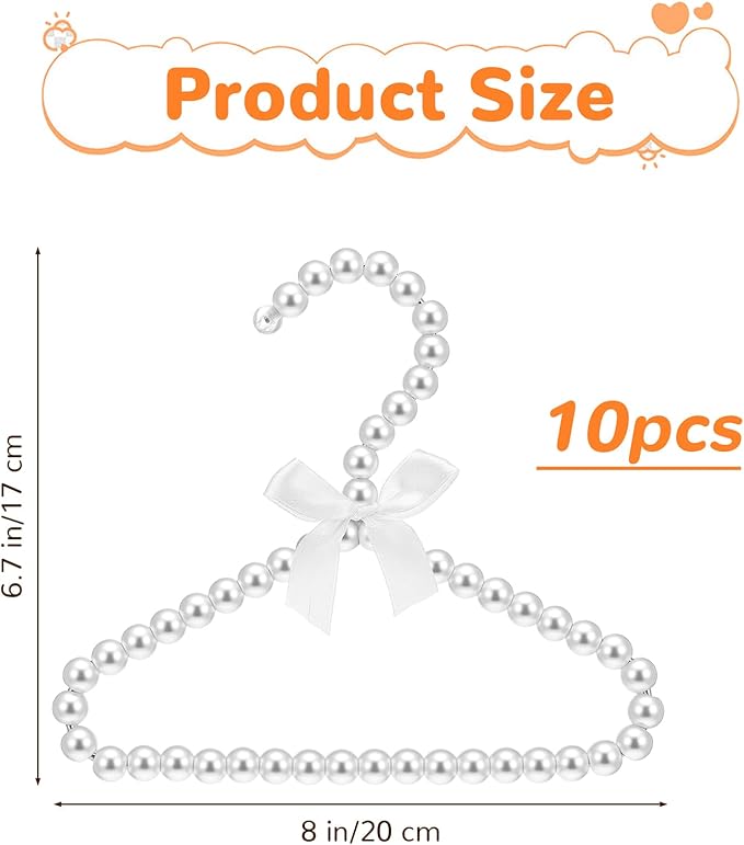 10Pcs Pearl Beaded Clothes Hangers, Mini Pearl Beads Small Metal Clothes Hangers with Ribbon, Elegant Standard Hanger for Women Dog Cat (White)