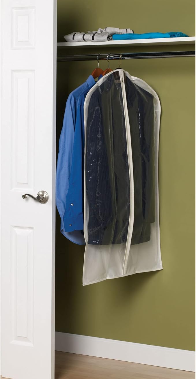 Household Essentials 311393 Hanging Garment Bag | Suit and Jacket Protector | Natural Cotton Canvas with Clear Vinyl Cover, Off-White (Pack of 12)