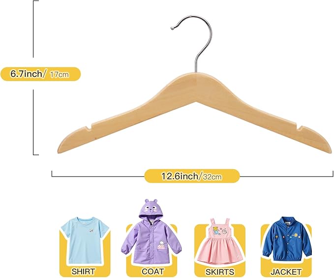 Kid Hangers 30 Pack Soild Wooden Hanger,Natural Smooth Finish Wooden Baby Hangers with Non Slip Notches & Anti-Rust 360 Swivel Hook,Durable Toddler Hanger for Coat,Shirt,Dress