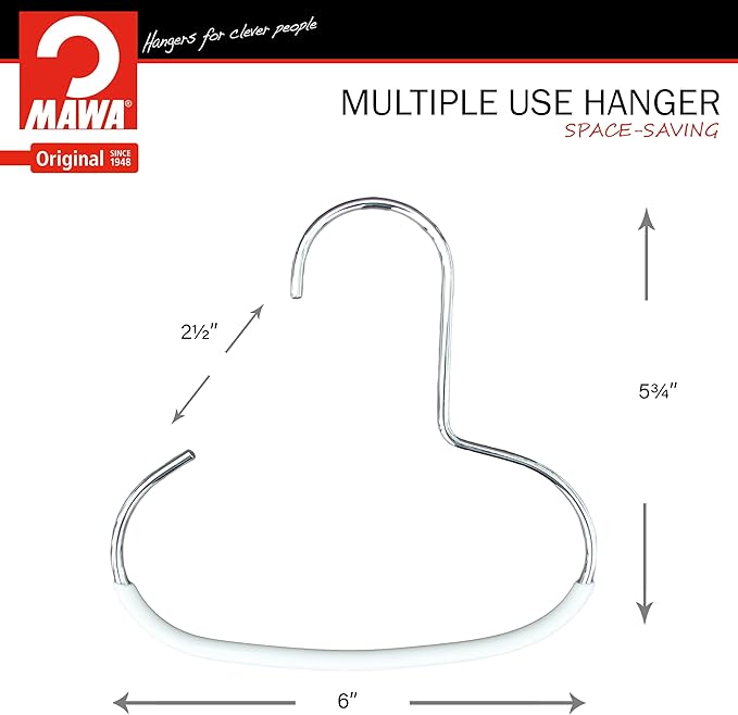 Mawa Scarf, Shawl, Belt, and Accessory Organizer, Non-Toxic Metal Hanger with Grip Coating, Easy Access Open Hook, Model G-1 Space Saving Design, Set of 2, White
