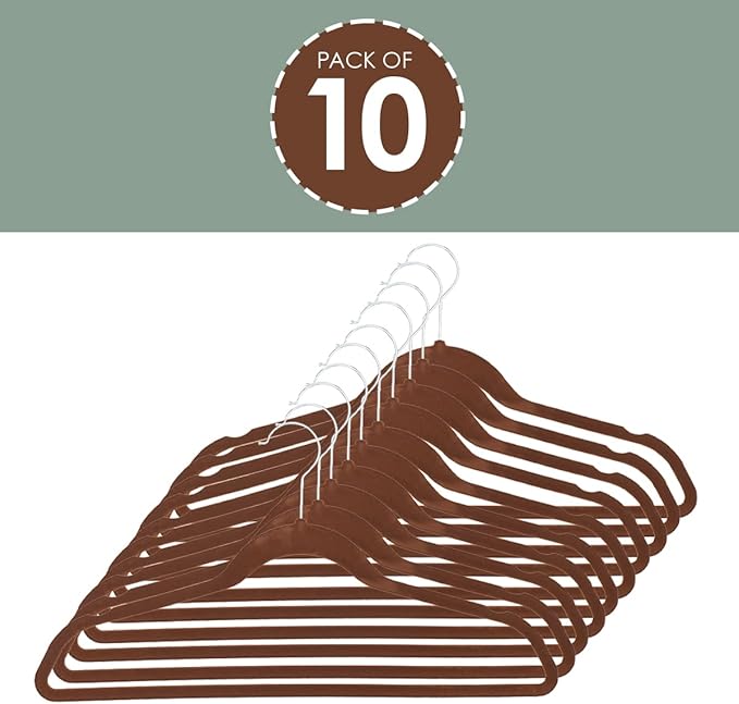 Velvet Clothes Hangers (Pack of 10), Brown, by Home Basics | Felt Hangers for Tops, Jackets, Dresses, and Pants | Contoured Hangers with Notches | Ultra-Thin Space Saving Clothes Hangers