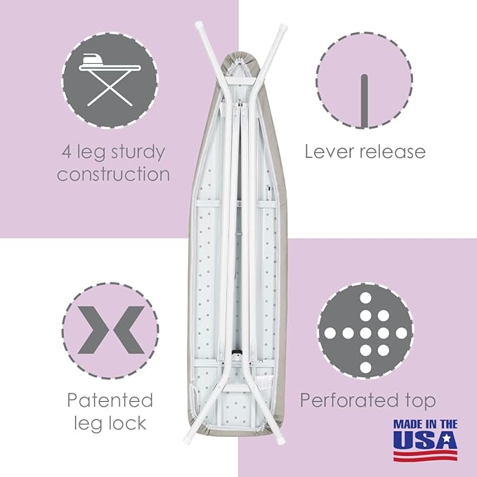 Full Size Ironing Board Made in USA – Space Gray by Seymour Home Products 4 Heavy-Duty Steel Legs Perforated Top for Steam Includes Cover & Pad Sturdy, Foldable Iron Board for Home & Laundry