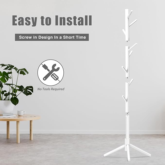 Coat Rack, Coat Racks Freestanding with 8 Hooks 3 Adjustable Heights for Clothes, Hats, Handbags, Coat Tree Easy Assembly for Entryway, Bedroom, Hallway, Office(White 2PCS)
