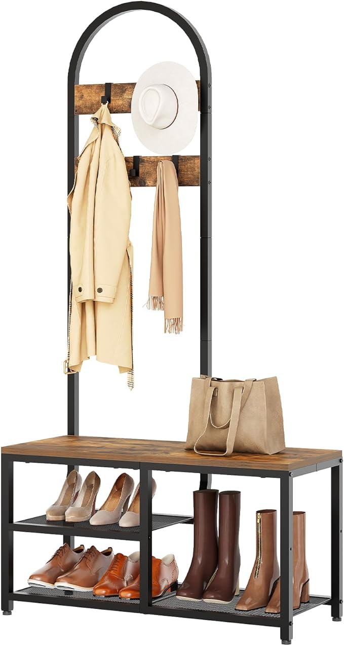 Hall Tree, Coat Rack with Shoe Storage, Entryway Bench with Coat Rack and Shoe Shelf, All-in-One Entryway Storage Organizer, for Foyer, Hallway, Cloakroom, Rustic Brown and Black MT04BRY1
