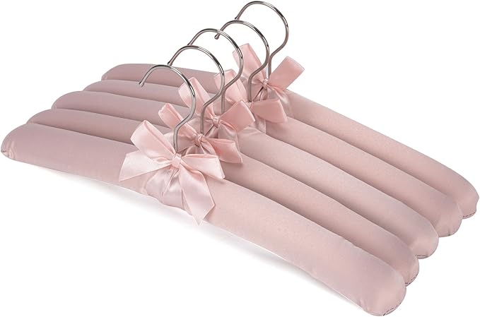 NEOVIVA 15 Inch Anti Slip Satin Padded Clothes Hangers for Women Pink Satin Padded Hangers for Women Clothing, No Shoulder Bump for Adult, Silk Hangers for Sweaters, Dresses, Suits (Pack of 5)