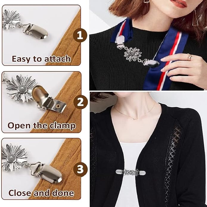 Vintage Sweater Clips Shawl Dresses Shirt Clips Retro Cardigan Collar Chain Clips Brooch Pins for Women