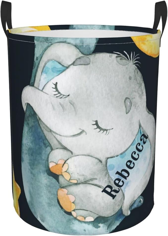 Sleeping Elephant Moon Personalized Laundry Hamper Custom with Name Collapsible Waterproof Storage Basket with Handles for Bedroom Decor Gift.