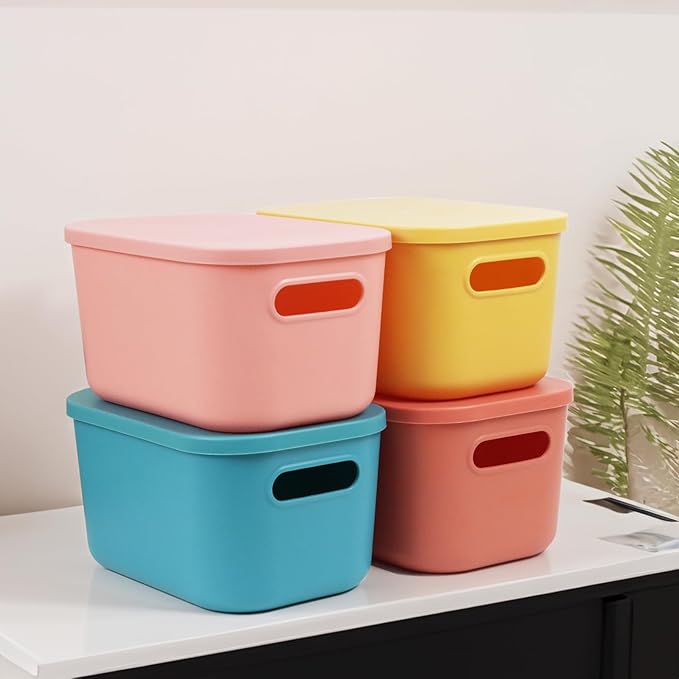 6Pcs Small Storage Bins with Lids, Stackable Plastic Organizer Bin Storage Containers for Organizing, Shelf Baskets for Pantry Cabinet Shelves Desktop Freezer Drawer Organization (6 Color, Small)