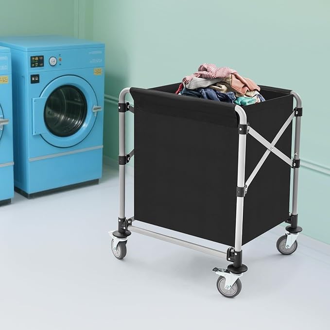 Commercial Laundry Cart with Wheels, 220lbs Capacity Foldable Rolling Laundry Hamper on Wheels, 24x20x32'' Big Laundry Basket with Removable Liner Bag for Home Hotel, Black