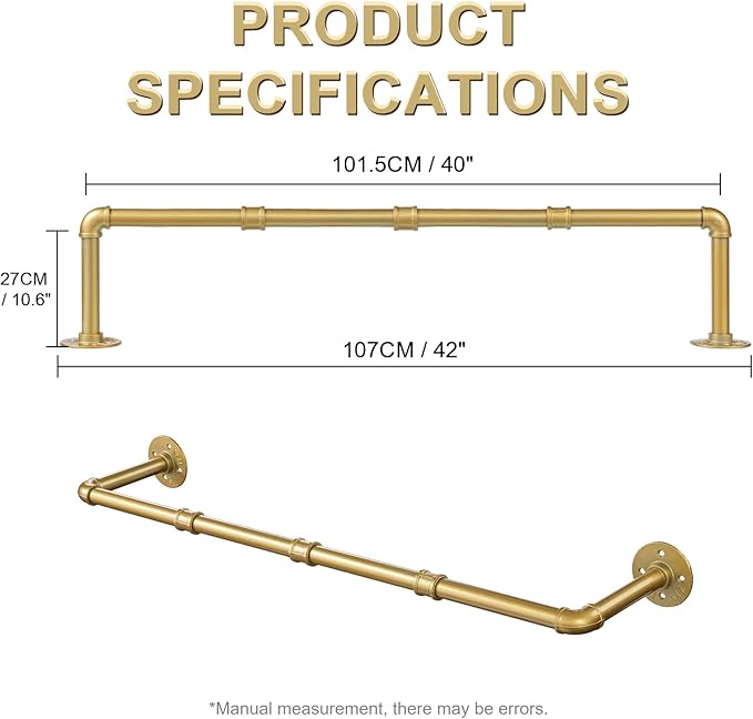 Industrial Gold Pipe Clothing Rack, Wall Ceiling Mounted Clothes Garment Rack 40'', Iron Golden Pipe Clothes Hanging Bar, Heavy Duty Metal Rod for Retail Display Closet Storage