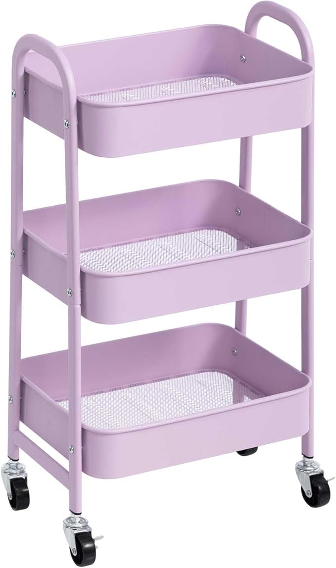 AGTEK 3 Tier Utility Rolling Cart with Lockable Wheels, Metal Multifunctional Storage, Organizer Cart for Kitchen, Office, Living Room, Makeup, Craft, Art Studio, Purple