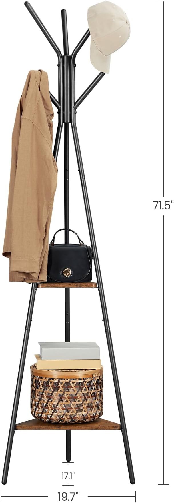 VASAGLE Coat Rack Freestanding, Coat Hanger Stand, Hall Tree with 2 Shelves, for Clothes, Hat, Bag, Industrial Style, Rustic Brown and Black URCR16BX