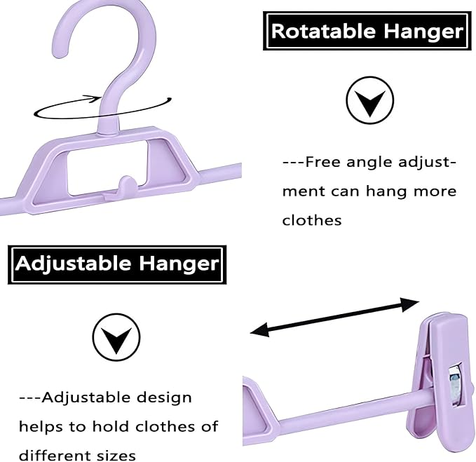 Plastic Pant Hangers with Clips, 10 Pcs Pants Hangers with 360°Rotating & Adjustable Clips, Stackable Clothes Hanger for Skirt, Closet Organizer and Storage | Space Saving (Purple)