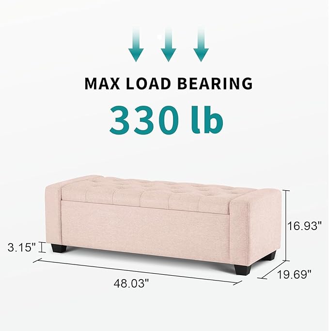 48" Ottoman with Storage, Pink Storage Ottoman Bench with Safety Hinge, Upholstered Entryway Bench with Seating for Bedroom, Living Room, Holds up to 330 lb