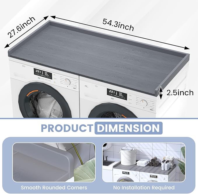 Sundale HDPE Washer Dryer Countertop, No-Installation Laundry Topper for Washer and Dryer, Waterproof Odorless Countertop for Laundry Room Storage, 27.5" x 54" (Grey)