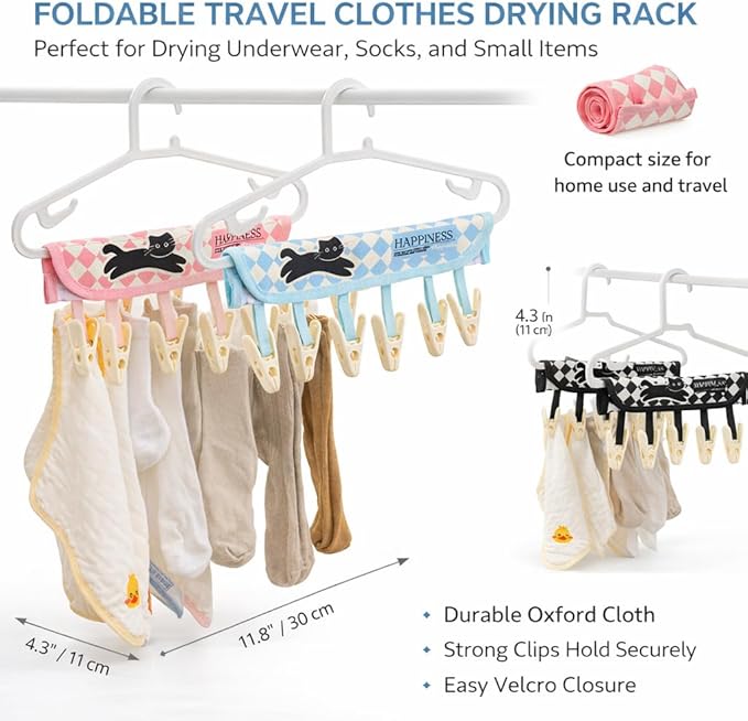 FOLAI 3-Pack Portable Fabric Products Travel Hangers Foldable Suitcase Clothespin Small Clothes pin Rack with 6 Clips（Cat-Themed）
