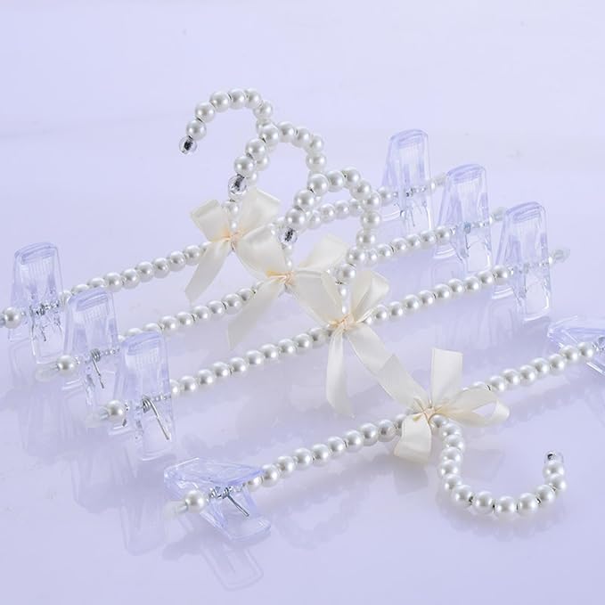 13 inch Pearl Hanger Pants Hangers with Clip,Cute Ribbon Bow Hanger Clip Hangers for Wedding Dress Bride Bridesmaid Lingerie (5, Beige)