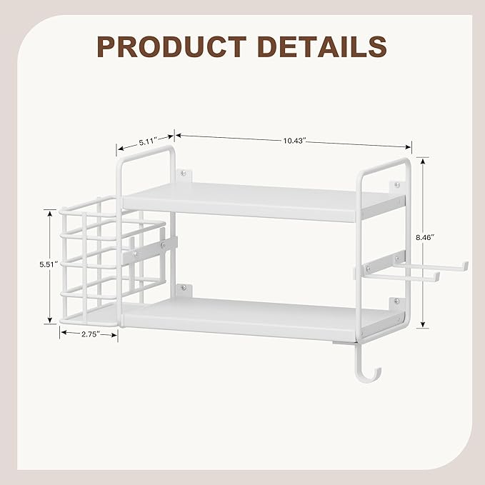 3-in-1 Wall Mounted Hair Dryer Holder with 2 Tier Shelves & Detachable Basket, Space Saving Organizer for Bathroom, Kitchen, Bedroom, Rust-Resistant, Easy Install (White)