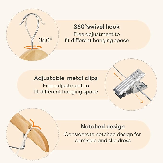 HOUSE DAY Wooden Hangers with Clips 48 Pack,Wooden Suit Hangers Skirt Hangers Solid Wood Pants Hangers Natural Smooth Finish Wood Hangers with Durable Metal Clips for Blouse, Dress, Coat, Jacket