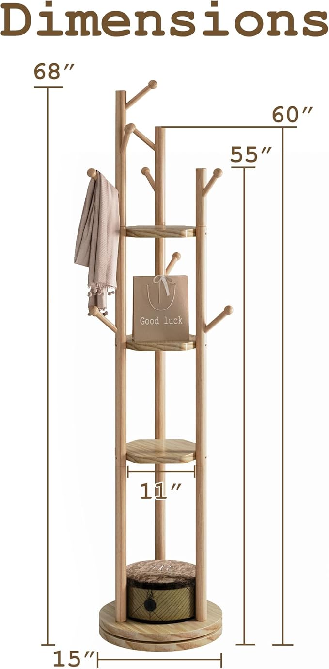 Solid Wood Coat Rack Freestanding, Rotating Coat Rack with 3 Shelves and 9 Hooks, Coat Tree for Bedroom, Entryway, Livingroom, Coat Hanger Stand for Coats, Scarves, Handbags (Natural)
