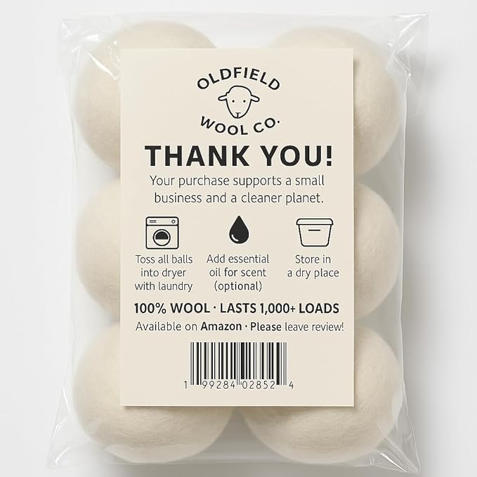 Oldfield Wool Co XL Wool Dryer Balls, 6 Pack with Cotton Storage Bag, Natural Fabric Softener Alternative, Helps Reduce Drying Time and Static, Reusable, Helps Lift Pet Hair and Lint