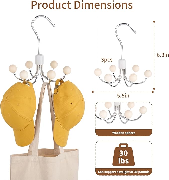 3 PCS Hoodie Hangers, 360° Swivel Sweatshirt Hangers, Scarf Hanger, Wooden Closet Hooks, Handbag Organizer, Bra Hanger, Closet Organizer for Hoodie, Bra, Scarves, Belts, Purse & Accessories Storage