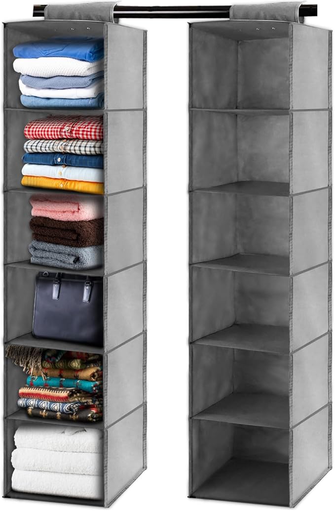 2PCS Hanging Closet Organizer, 6-Shelf Hanging Storage Shelves Wardrobe Clothes Organizer Cloth Hanging Shelves Foldable for Closet Bedroom Home (2PCS 6-Shelf)