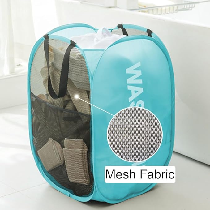 Mesh Popup Laundry Hampers, Collapsible Laundry Baskets, 2 Pack Dirty Clothes Hampers for Home, Bathroom, College Dorm, RV Cruise, Travel (Gray + Blue)
