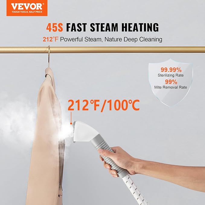 VEVOR Standing Steamer with Foldable Garment Hanger, 1.7L Water Tank for 90 Minutes Continuous Steaming, Heats in 45 Seconds & Auto-Stop with Fabric Brush Aluminum Rod and Easy-roll Wheels