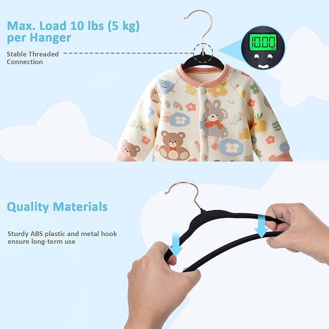 Velvet Baby Hangers 30 Pack - 11 Inch Premium Felt Non Slip Kids Hanger for Infant Toddler Clothes - 0.2" Ultra Thin Baby Clothes Hangers for Children's Closet with 10 Hanger Clips - Black