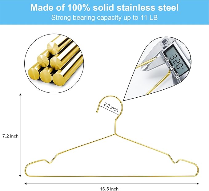 Coat Hangers 40 Pack Clothes Hangers, Metal Hanger Heavy Duty Wire Hangers with Non Slip Notch, Ultra Thin Stainless Steel Hanger Space Saving Clothing 16.5 Inch Gold