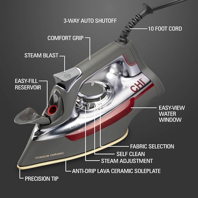 CHI Steam Iron for Clothes with 300+ Holes for Powerful Steam ing, Temperature Guide Dial, 1700 Watts, XL 10’ Cord, 3-Way Auto Shutoff, Titanium Infused Ceramic Soleplate, Silver (13101)