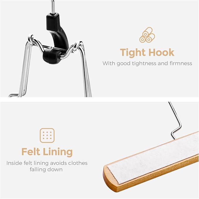 HOUSE DAY Wooden Pants Hangers 10 Pack, Non Slip Wood Skirt Hangers, Wood Clamp Hanger for Pants, Jeans, Slacks, with 360° Swivel Hook