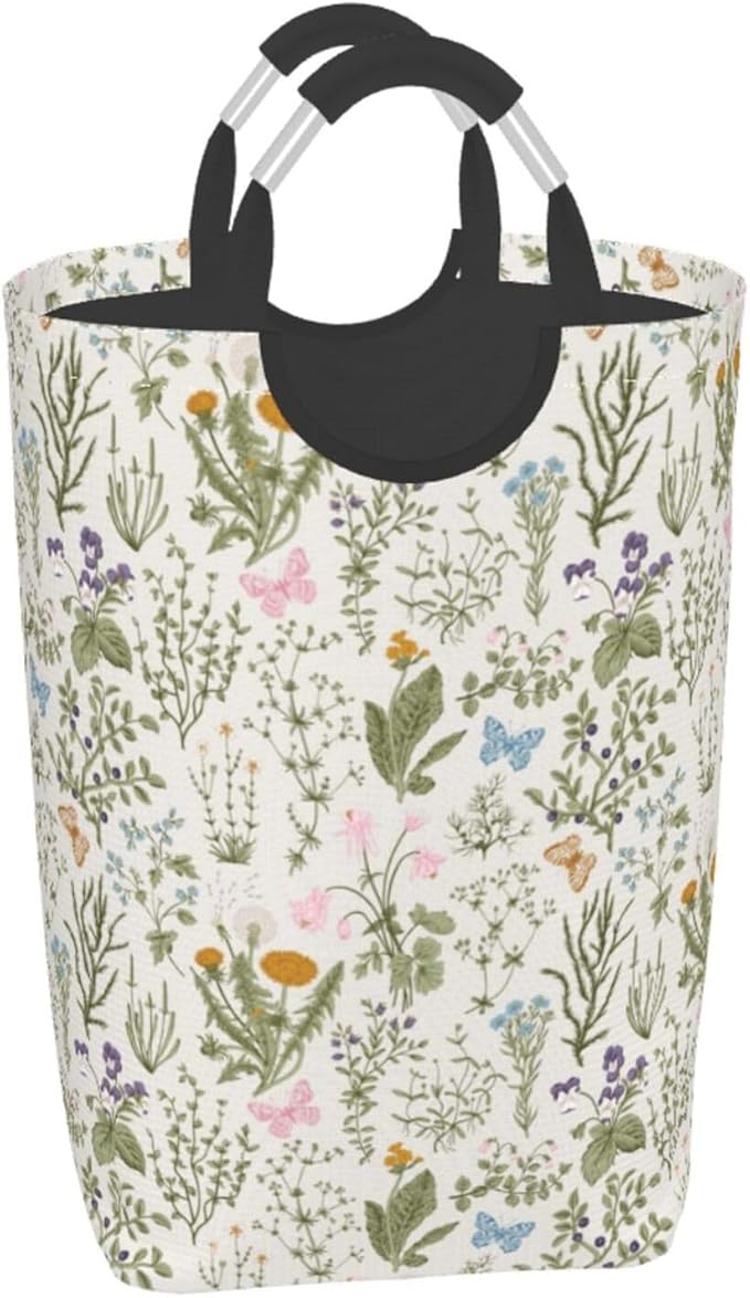 Floral Laundry Basket Vintage Botanical Laundry Hamper Plants Herbs Collapsible Baskets with Handle Dirty Clothes Hamper Bag for Dorm Family Bathroom Decor Storage 50L