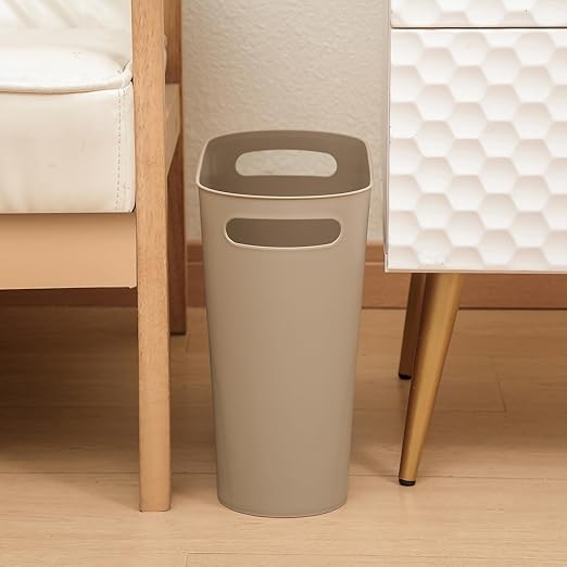 rejomiik Small Trash Can, 3.5 Gallon Slim Garbage Can Plastic Waste Basket with Handles Container Bin for Narrow Spaces Bathroom, Bedroom, Kitchen, Office at Home, Khaki
