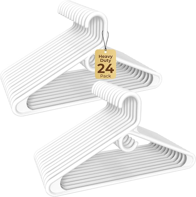 HOUSE DAY Quality Plastic Clothes Hangers 24 Pack – Super Heavy Duty 20lb Capacity Thick Strong Closet Hangers White for Adult Clothing – Durable for Coats, Jackets, Jeans, Pants