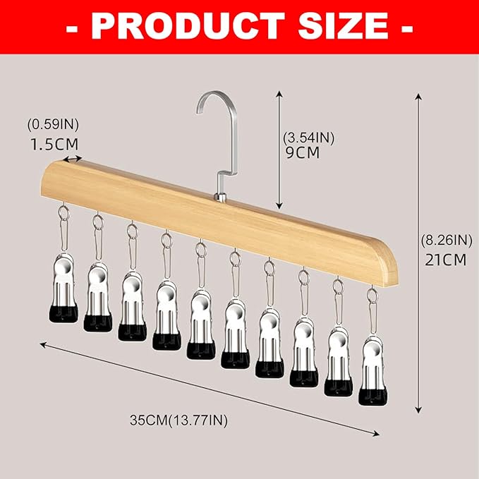 Hanging Closet Organizer, Wooden Legging Hanger with 10 Clips,Space Saving Hats Organizer for Closet,360° Rotating Wooden Multi-Hanger for Pants, Skirts and Socks Storage (Vintage)